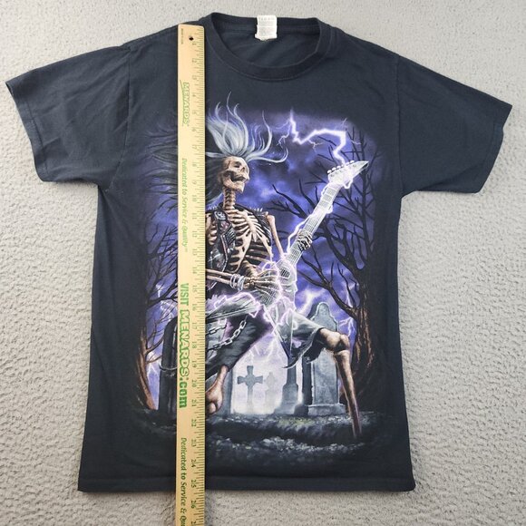 Y2K Cyber Shirt Mens Small Black Graphic Skull Tattoo Goth Metal Grunge Guitar - Picture 5 of 9